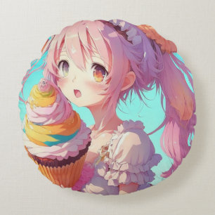 Anime Girl with Whimsical Cupcake Round Pillow