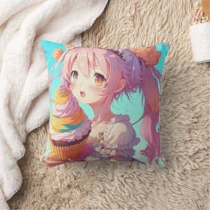 Anime Girl with Whimsical Cupcake Throw Pillow