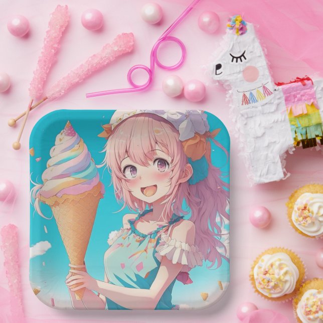  Anime Girl with Whimsical Ice Cream Cone Birthday Paper Plate (Party)