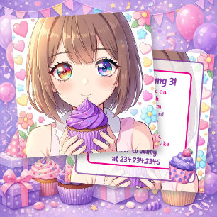 Anime Girl's Birthday   Hearts and Cupcakes  Invitation