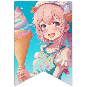 Anime Girls Birthday Pastel Colours Whimsical Bunting Flags