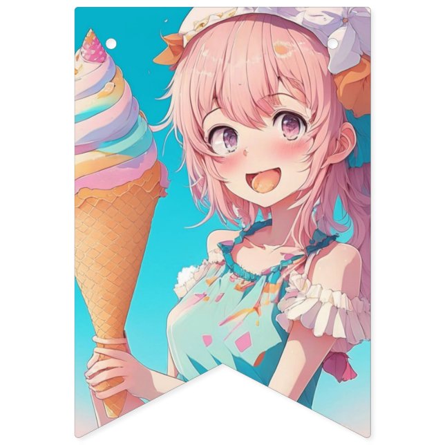 Anime Girls Birthday Pastel Colours Whimsical Bunting Flags (First Flag)