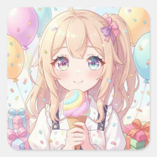 Anime Girl's Ice Cream Birthday Party Square Sticker