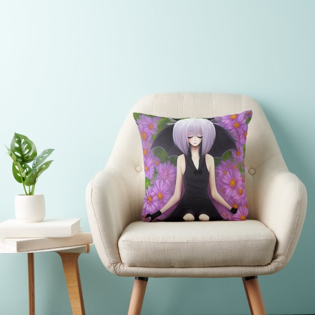 Anime Goth Bat Girl Throw Pillow (Chair)