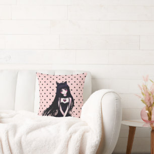 Anime Goth Girl on Polka Dots Throw Pillow