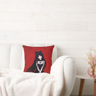 Anime Goth Girl on Red Throw Pillow