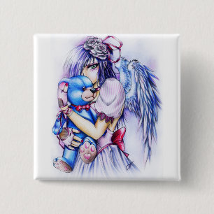 Anime Gothic Pink Angel Girl With Teddy 2 Inch Square Button