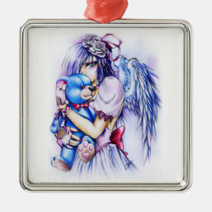 Anime Gothic Pink Angel Girl With Teddy Metal Ornament