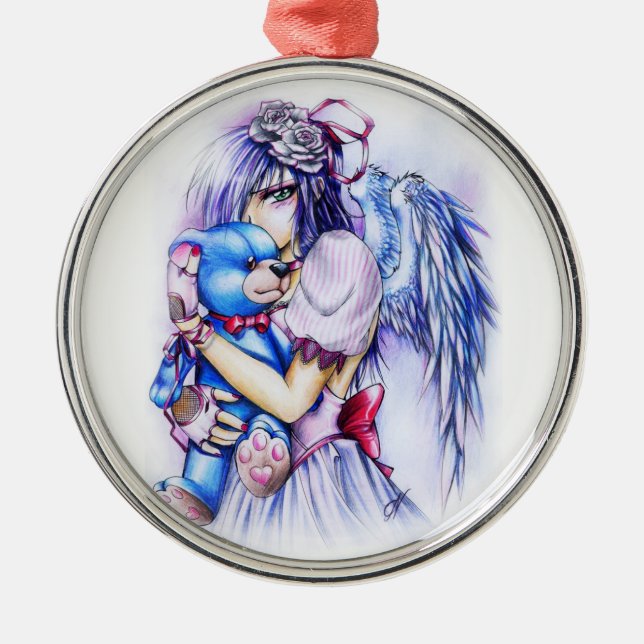 Anime Gothic Pink Angel Girl With Teddy Metal Ornament (Front)
