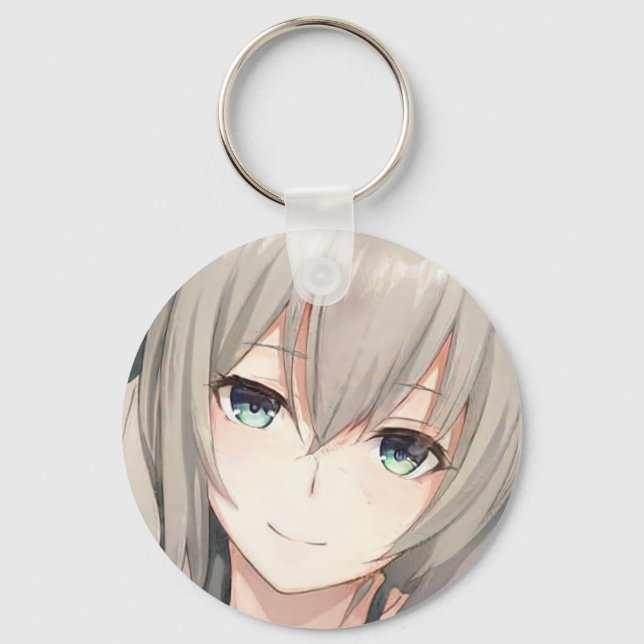 Anime grey-haired girl aqua eyes keychain (Front)