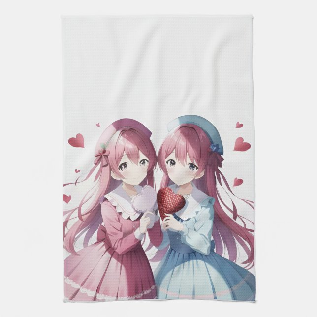 Anime hearts Valentine's Day  Kitchen Towel (Vertical)