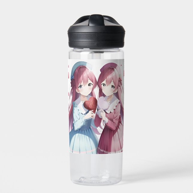 Anime hearts Valentine's Day Water Bottle (Front)