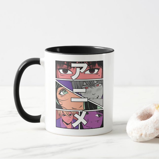 Anime Heroes & Japanese Kanji for Anime Mug (With Donut)