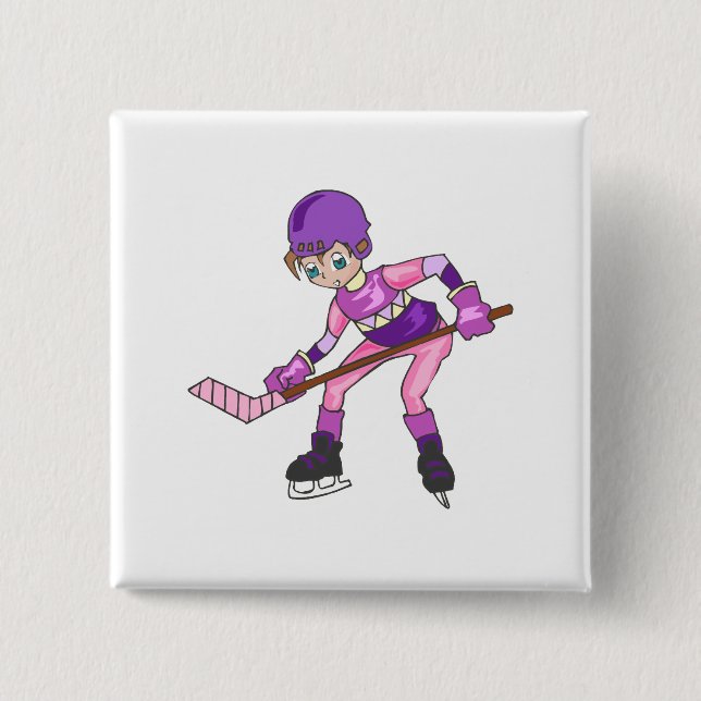 Anime Hockey Girl 2 Inch Square Button (Front)