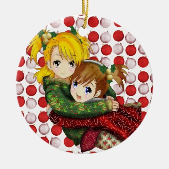 Anime Holiday Hug Ceramic Ornament (Front)
