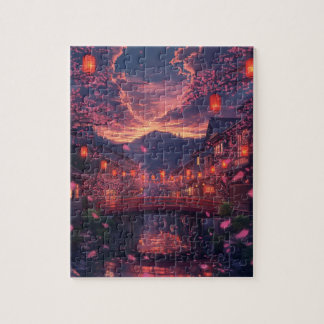 Anime Japanese Town at Sunset Puzzle – Cherry Blos