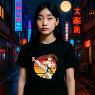 Anime Karate Girl On Retro Sunset Template T-Shirt