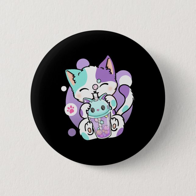 Anime Kawaii Cat Boba Bubble Tea Neko Boba Tea Cat 2 Inch Round Button (Front)