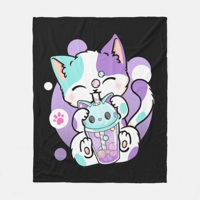 Anime Kawaii Cat Boba Bubble Tea Neko Boba Tea Cat Fleece Blanket (Front)