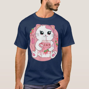 Anime Kawaii Cat Strawberry Milk Women Men Teen Bo T-Shirt
