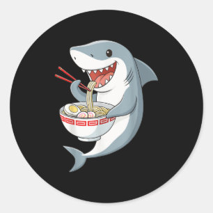Anime Kawaii Shark Eating Ramen Noodle Gifts Men W Classic Round Sticker