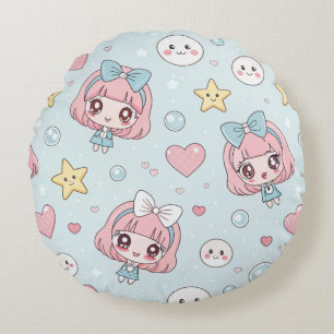 Anime Kawaii with Hearts and Stars Round Pillow
