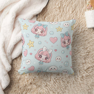  Anime Kawaii with Hearts and Stars Throw Pillow