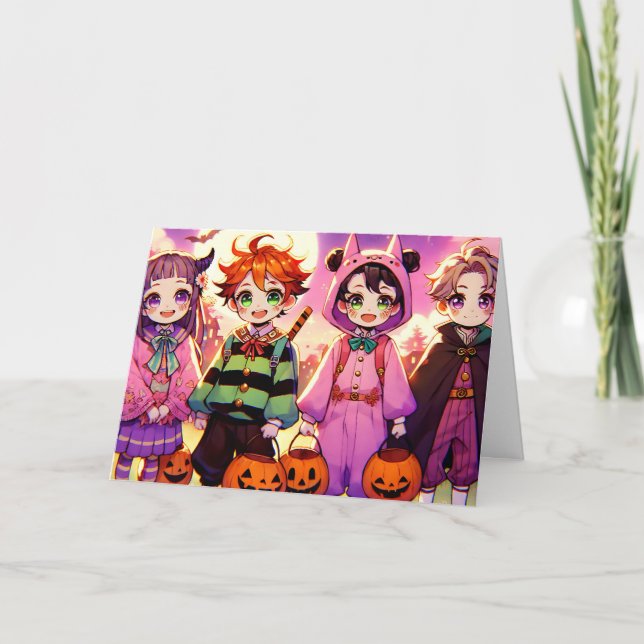 Anime Kid's in Costumes Halloween Card (Front)
