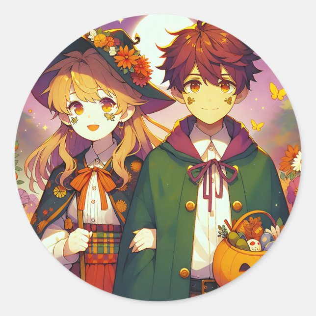 Anime Kid's in Halloween Costumes Classic Round Sticker (Front)