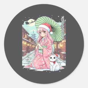 Anime Kimono Girl Christmas Japan Cat Xmas Japan A Classic Round Sticker