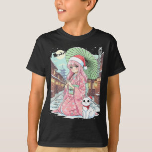 Anime Kimono Girl Christmas Japan Cat Xmas Japan A T-Shirt