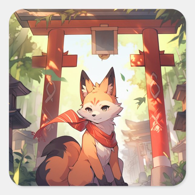 Anime Kitsune Cute Fox Fantasy Art Square Sticker (Front)