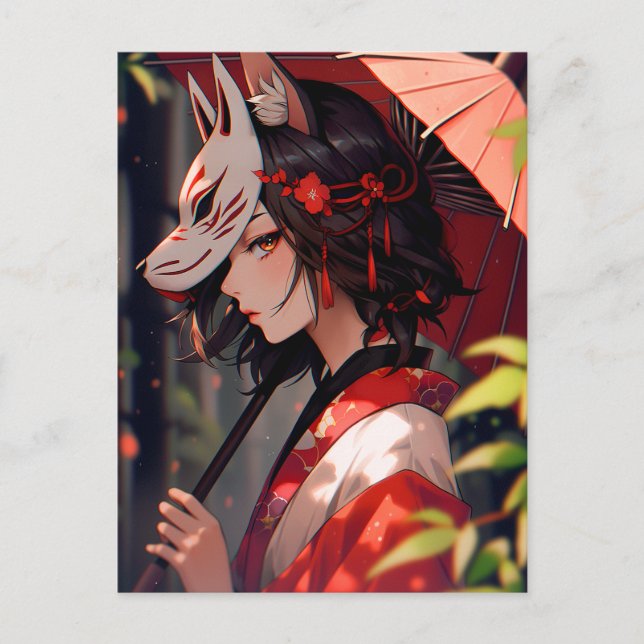 Anime Kitsune Girl Cute Fox Fantasy Art Postcard (Front)