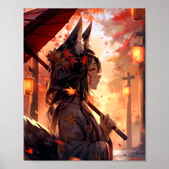 Anime Kitsune Girl Cute Fox Fantasy Art Poster (Front)