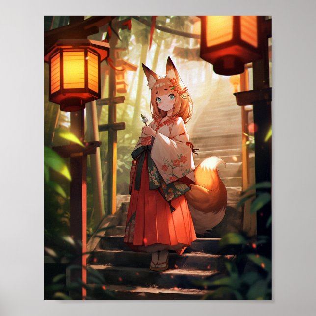 Anime Kitsune Girl Cute Fox Fantasy Art Poster (Front)