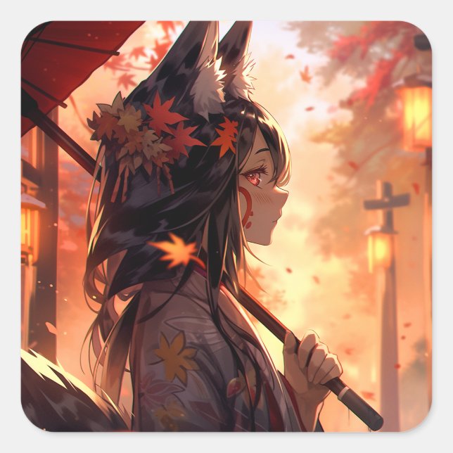 Anime Kitsune Girl Cute Fox Fantasy Art Square Sticker (Front)