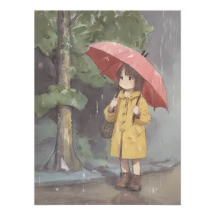 Anime Little Girl Going to School on a Rainy Day Photo Print