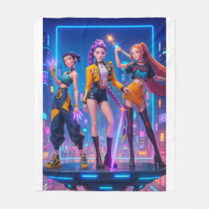 Anime Lovers Cyberpunk Trio Neon City Futuristic Fleece Blanket