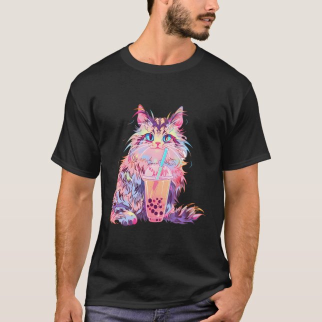 Anime Maine Coon Cat Boba Drink Kawaii Kitty Bubbl T-Shirt (Front)