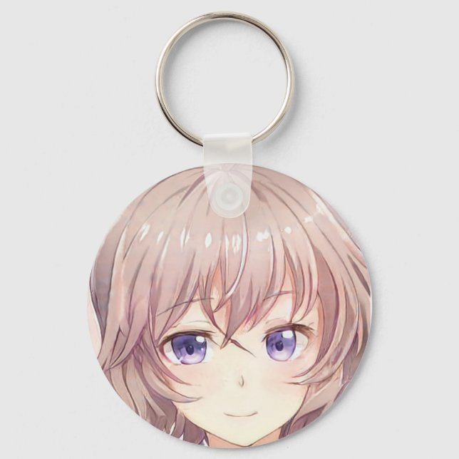 Anime manga girl smiling brown hair violet eyes  keychain (Front)