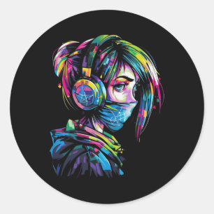 Anime Manga Motif Headphone Illustration Anime 1  Classic Round Sticker