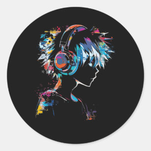 Anime Manga Motif Headphone Illustration Anime  Classic Round Sticker