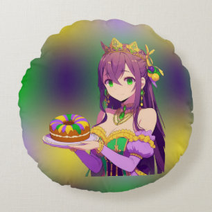 Anime Mardi Gras King cake Round Pillow