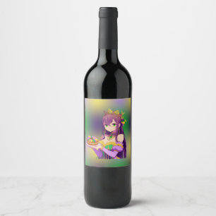 Anime Mardi Gras King cake Wine Label