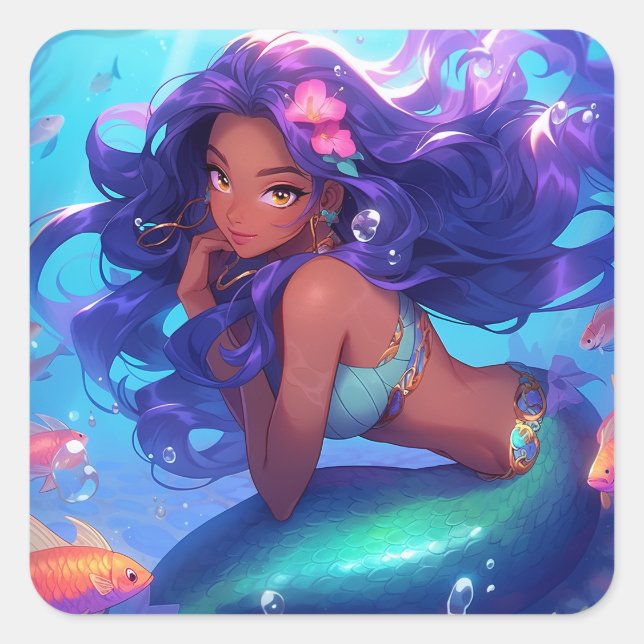Anime Mermaid Girl Fantasy Art Square Sticker (Front)