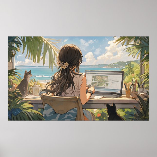Anime office by the sea poster (Front)