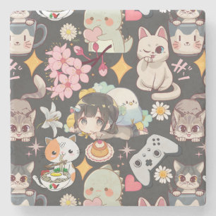 Anime Overload Cute Pattern D Grey BG Stone Coaster