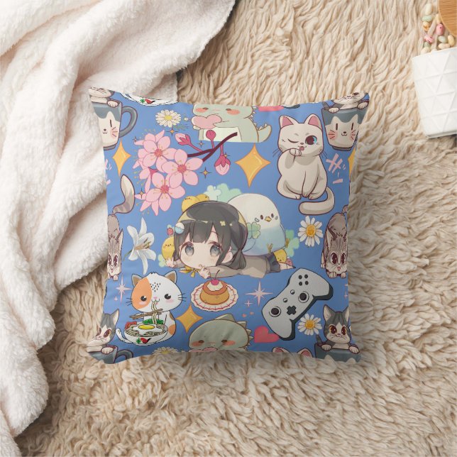 Anime Overload Cute Pattern L Blue BG Throw Pillow (Blanket)