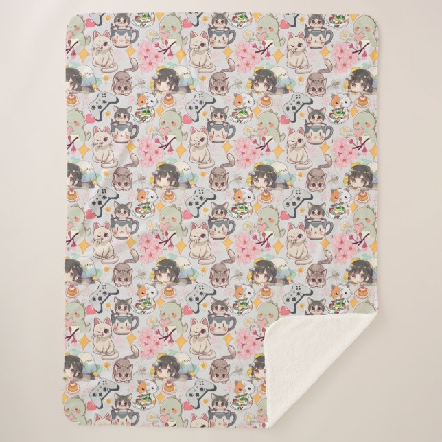 Anime Overload Cute Pattern L Grey Sherpa Blanket (Front)
