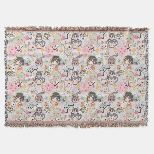 Anime Overload Cute Pattern L Grey Throw Blanket (Front)
